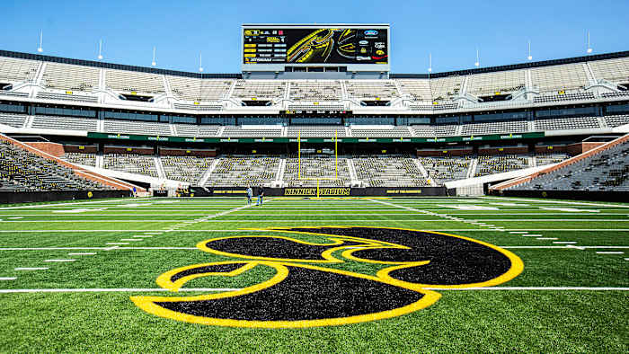 Iowa's logo is seen at Kinnick Stadium